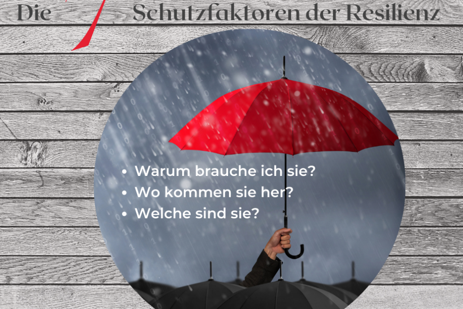 Ein roter Regenschirm hervorgehoben und stellt die sieben Resilienz-Schautzfaktoren dar.